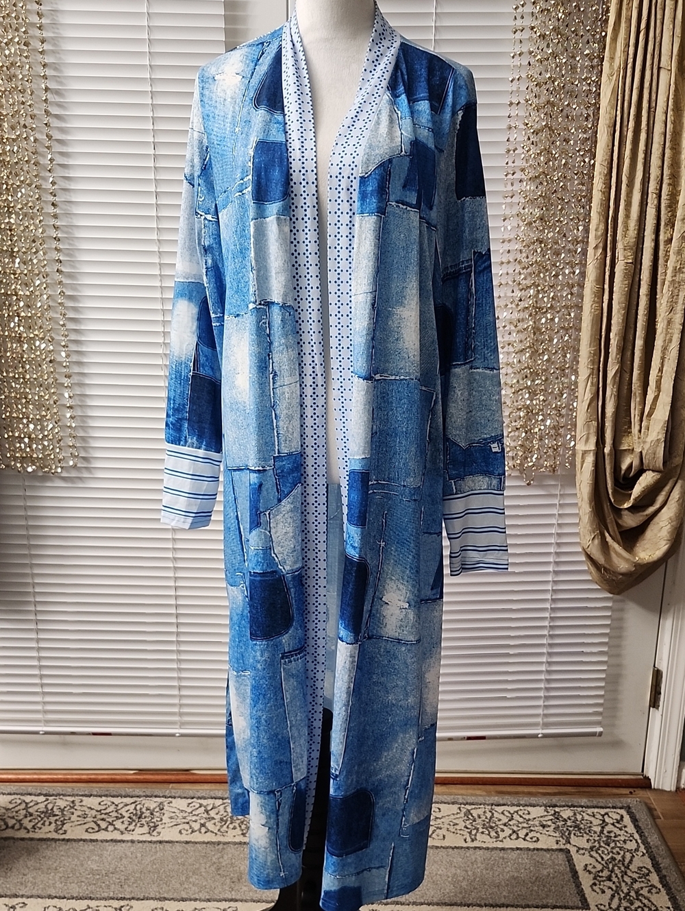 Blue Patchwork Print Long Duster Cardigan